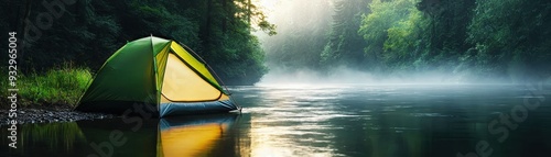 Serene camping scene by a river, featuring a bright tent and lush greenery with mist rising in the early morning light.