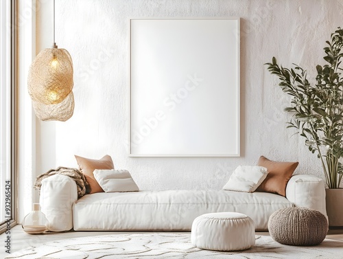 Minimalist white background frame mockup displayed in a bright airy and modern home interior with warm ambient lighting and sleek contemporary furnishings photo