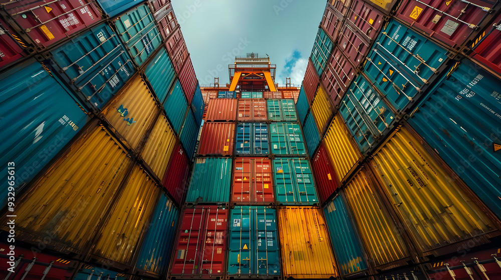 Fototapeta premium Stacked Shipping Containers - Photo of colorful shipping containers in a port.