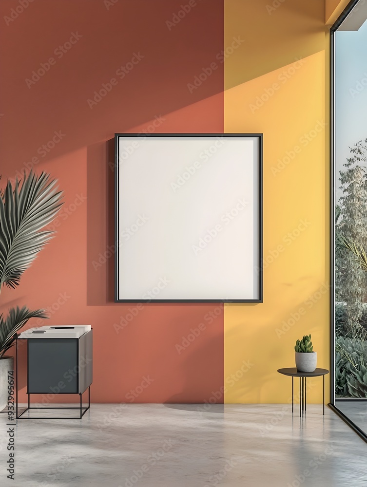 Minimalist white background frame mockup with vibrant geometric color accents in a modern Brutalist inspired home office interior design Digital in high contrast sleek and minimalist style Minimalist white background frame mockup with vibrant geometric color accents in a modern Brutalist inspired home office interior design Digital in high contrast sleek and minimalist style