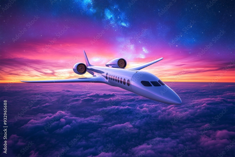 Naklejka premium A futuristic jet flying above the clouds with a glowing purple sky representing the cutting edge technology and design in modern aerospace travel
