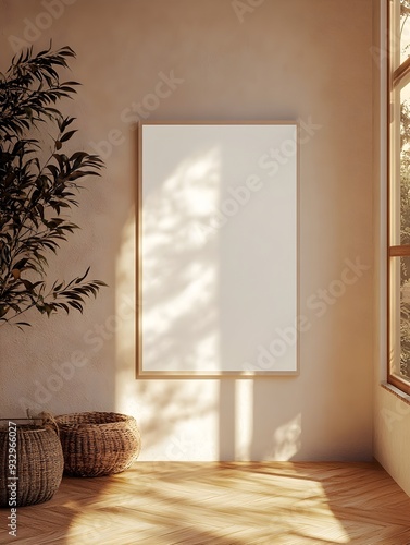 Minimalist white frame mockup seamlessly integrated into a bright,sunlit interior scene with clean,wooden floors and simple,modern decor. Ideal for product photography,presentations. photo