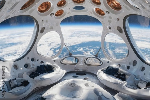 Fototapeta Naklejka Na Ścianę i Meble -  Interior view of a space habitat with a dome ceiling showcasing the blend of technology and design in creating livable environments for long term space missions