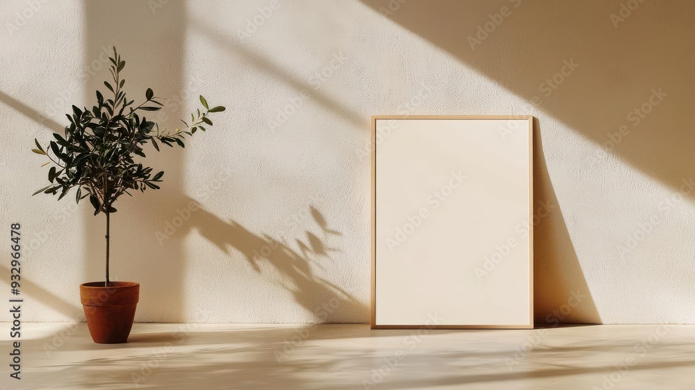 Blank frame mockup with olive branch and sunlight shadow Blank frame mockup with olive branch and sunlight shadow