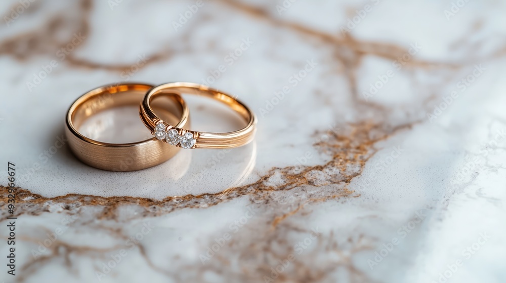 A pair of gold wedding rings placed on a marble surface, symbolizing commitment, love, and the start of a lifelong journey. A pair of gold wedding rings placed on a marble surface, symbolizing commitment, love, and the start of a lifelong journey.