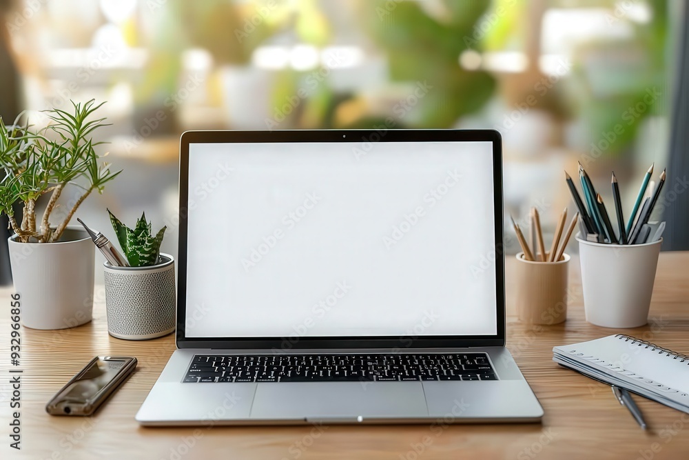 Blank screen laptop mockup placed on a wooden desk, perfect for showcasing designs or presentations
Blank screen laptop mockup placed on a wooden desk, perfect for showcasing designs or presentations