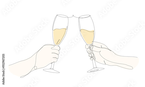 Hands holding champagne glasses cheers. Continuous one line drawing with color. Minimal illustration vector.	