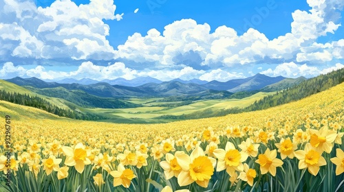 Bright yellow daffodil flowers in a lush spring meadow.