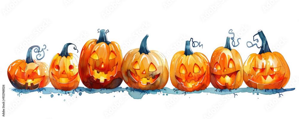 A line of carved Halloween pumpkins in various expressions sits on a white surface surrounded by scattered autumn leaves A line of carved Halloween pumpkins in various expressions sits on a white surface surrounded by scattered autumn leaves