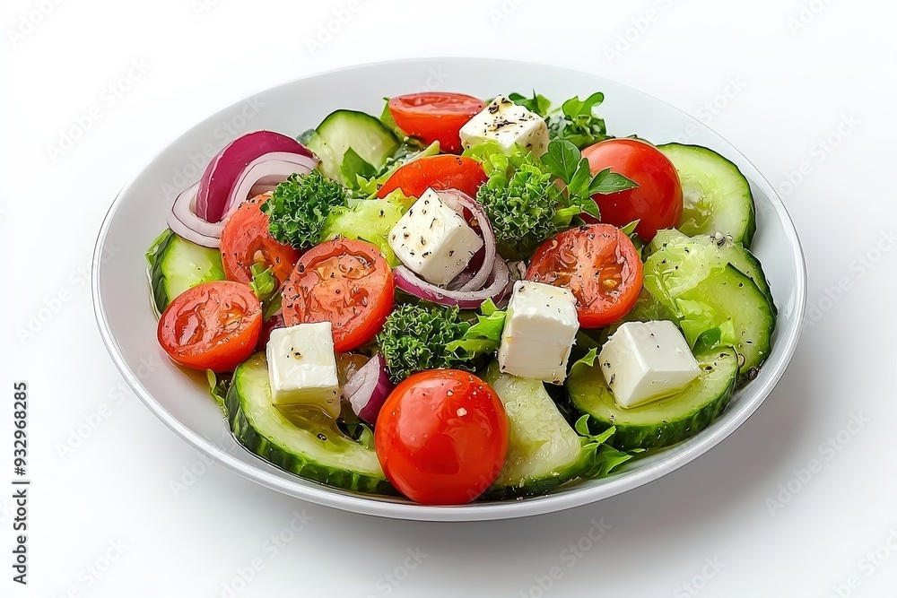 Delicious Greek salad isolated on a white background, showcasing fresh ingredients and vibrant colors
Delicious Greek salad isolated on a white background, showcasing fresh ingredients and vibrant colors