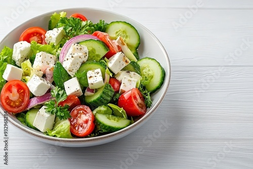 Greek salad served on a white background, highlighting the delicious and colorful dish
 photo