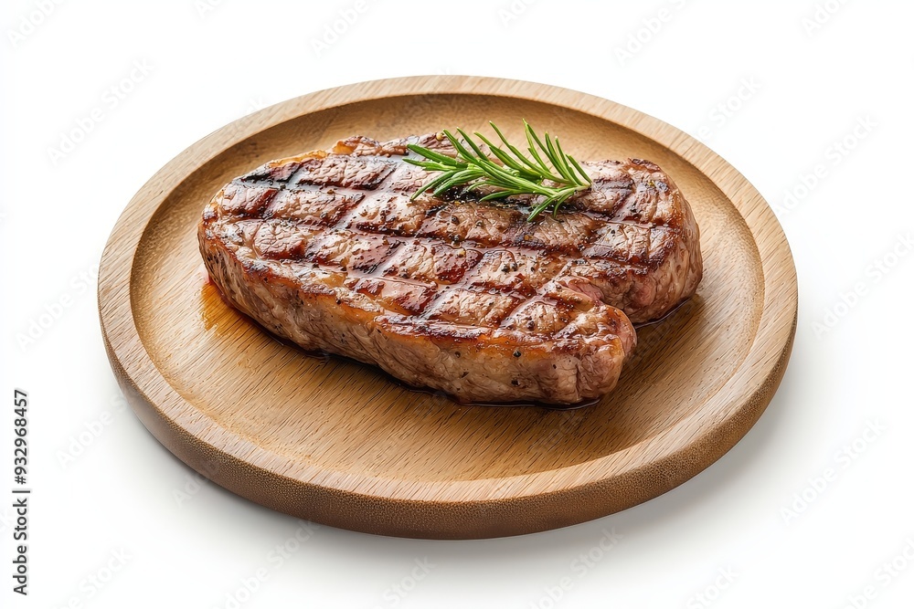 Delmonico steak served on a wooden plate, isolated on a white background for clear presentation
Delmonico steak served on a wooden plate, isolated on a white background for clear presentation