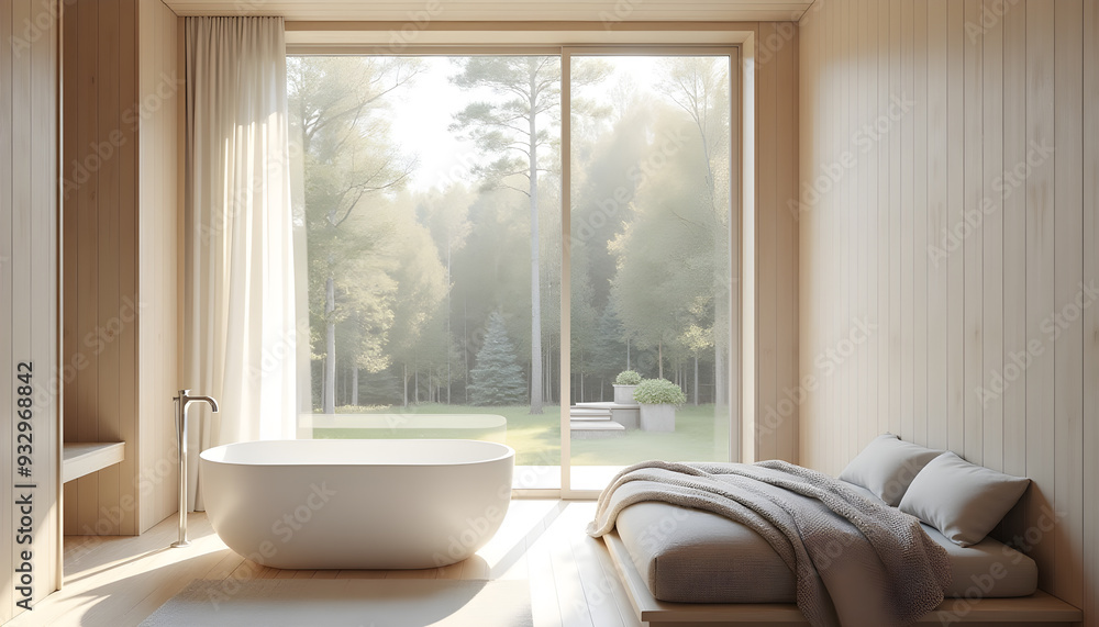 Fototapeta premium Serene Bathroom Design Featuring Nature-Inspired View