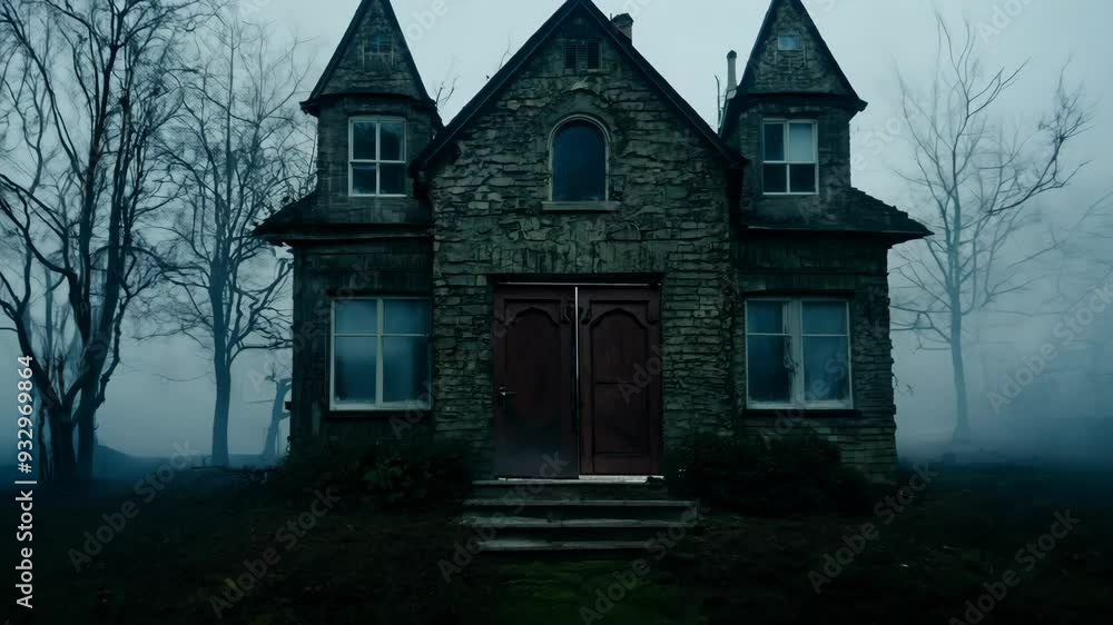 A haunted Victorian mansion with overgrown ivy and shattered windows under low-key lighting, surrounded by thick fog and dead trees casting eerie shadows. A haunted Victorian mansion with overgrown ivy and shattered windows under low-key lighting, surrounded by thick fog and dead trees casting eerie shadows.