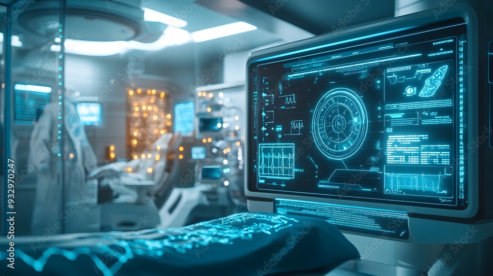 A futuristic medical facility with blockchain technology ensuring patient privacy, featuring glowing digital interfaces and secure data transmission, set against a softly illuminated background of A futuristic medical facility with blockchain technology ensuring patient privacy, featuring glowing digital interfaces and secure data transmission, set against a softly illuminated background of