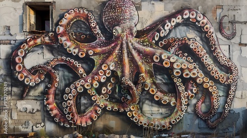 An impressive octopus mural gracing the worn-out facade of an abandoned building, the artwork's intricate details and vibrant palette bringing a touch of surreal beauty to the urban decay. photo