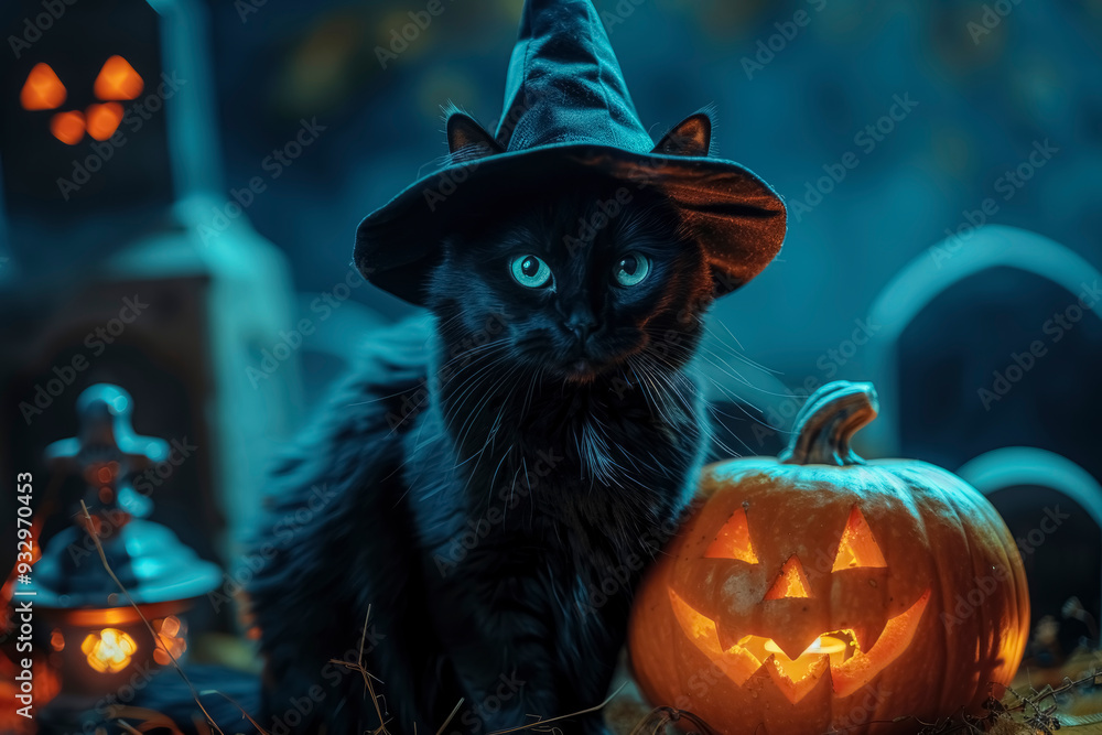 Halloween. Black cat sitting in witch hat close-up on Halloween next to pumpkin with old cemetery in background Halloween. Black cat sitting in witch hat close-up on Halloween next to pumpkin with old cemetery in background