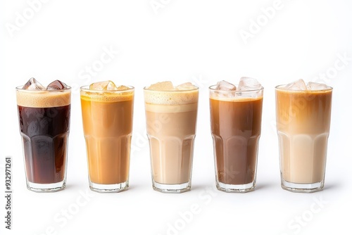 Wallpaper Mural Collection of black ice coffee and ice latte in glasses lined up, isolated on a white background
 Torontodigital.ca