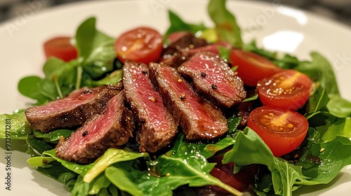 Wagyu beef tataki salad with mixed greens, cherry tomatoes, and a tangy vinaigrette dressing.