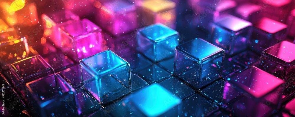 Abstract icy blue background with translucent cubes and a reflective texture, evoking a cool, crystal-clear Christmas feel Abstract icy blue background with translucent cubes and a reflective texture, evoking a cool, crystal-clear Christmas feel