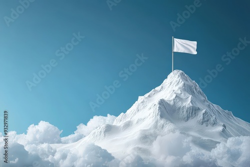 Snow-covered mountain with a white flag at the summit, isolated on a clean background
 photo