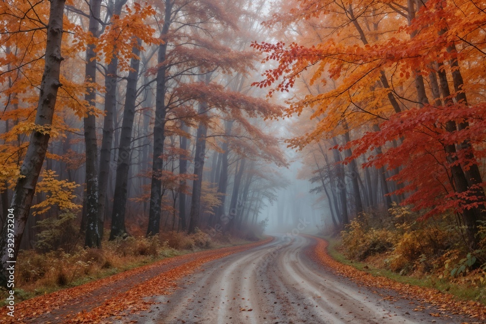A misty autumn road surrounded by vibrant foliage, ideal for travel, nature, and adventure photography. A misty autumn road surrounded by vibrant foliage, ideal for travel, nature, and adventure photography.