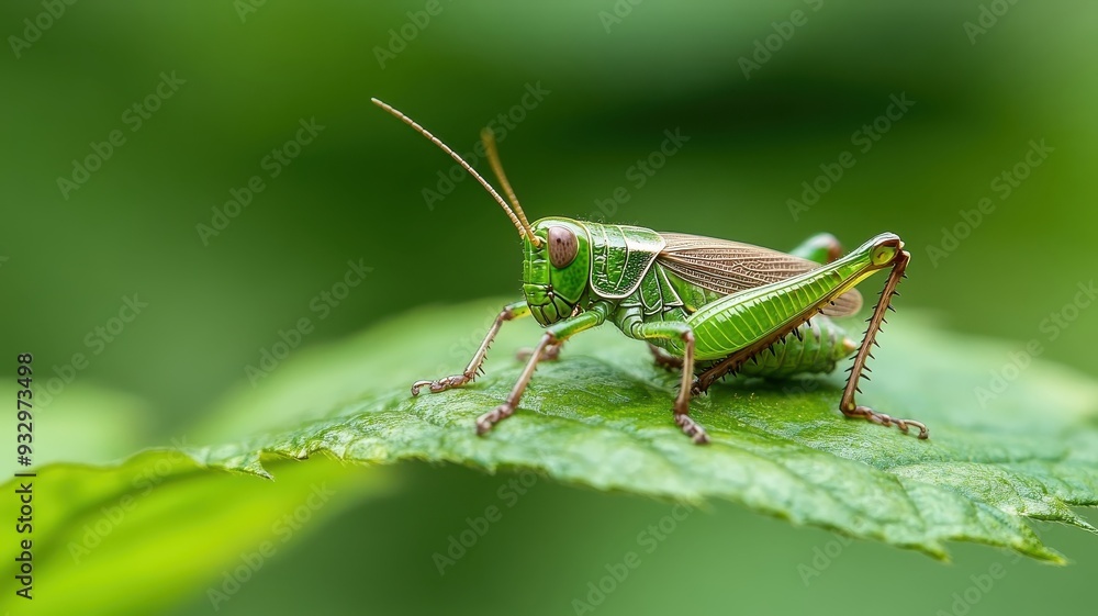 A grasshopper sleeping peacefully on a large leaf, camouflaged in foliage. A grasshopper sleeping peacefully on a large leaf, camouflaged in foliage.