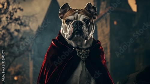 A Bulldog Dressed in a Vampire Cape Posing in Front of a Spooky Castle Backdrop  The Canine s Fangs and Moody Atmosphere Create a Supernatural Gothic Vibe photo