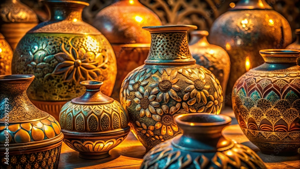 zaffre-glazed ceramic vessels ornate patterns intricate details soft warm lighting harmonious earthy tones serene peaceful atmosphere macro shot still life zaffre-glazed ceramic vessels ornate patterns intricate details soft warm lighting harmonious earthy tones serene peaceful atmosphere macro shot still life