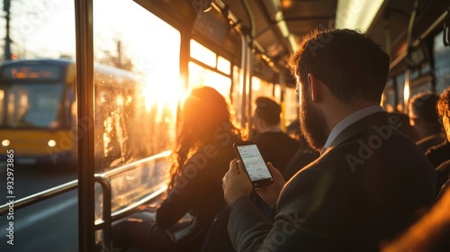 Professionals Taking Bus to Work, Using Smartphones to Read or Watch Morning News