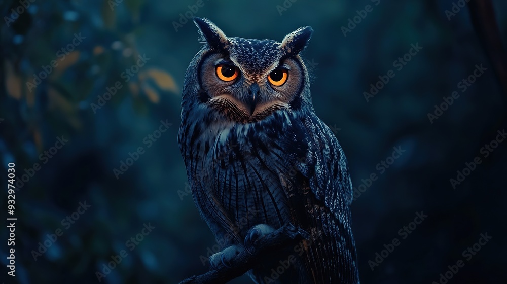 Owl perched on branch at dusk with glowing orange eyes and vibrant feathers amidst foliage Owl perched on branch at dusk with glowing orange eyes and vibrant feathers amidst foliage