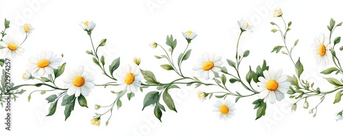 Daisy chain, simple white and yellow flowers, woven into a garland, nostalgic childhood memories, cheerful and playful, watercolor style