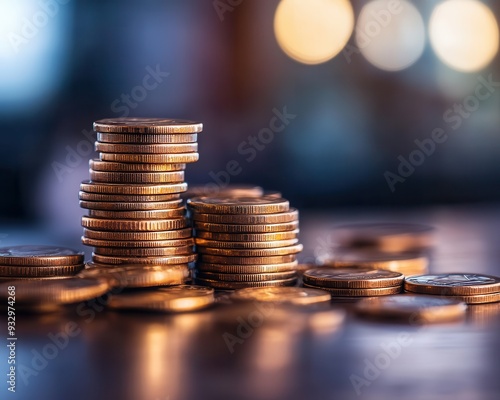 A close-up view of stacked coins on a wooden surface, highlighting financial growth and savings in a warm, blurred background.