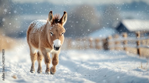 Endearing donkey trotting through a snowy landscape, snowflakes gently falling on its fur and the winter setting providing charm. photo