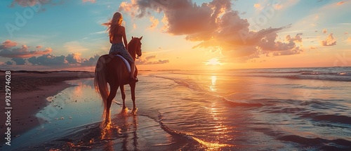 An attractive blonde woman is horseback riding at the beach at sunset 