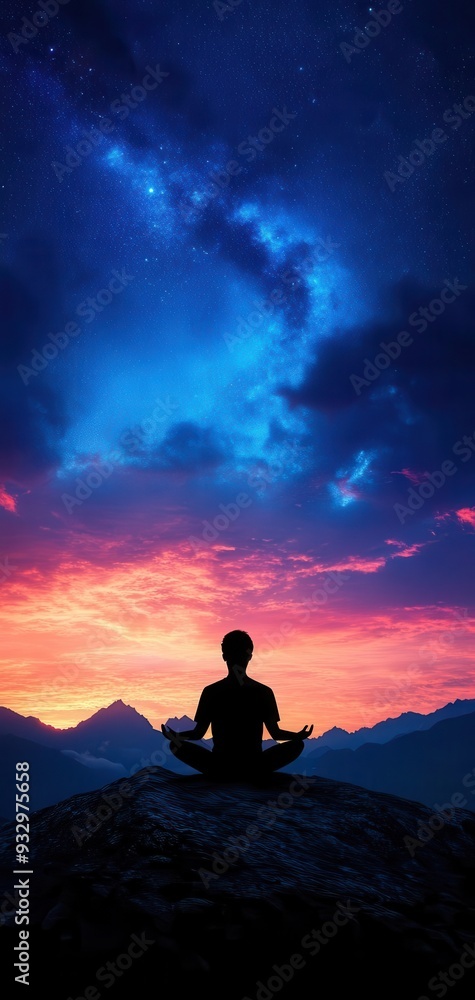 Obraz premium A tranquil silhouette meditating on a mountain top under a starry sky at sunset, embodying peace and mindfulness in nature.