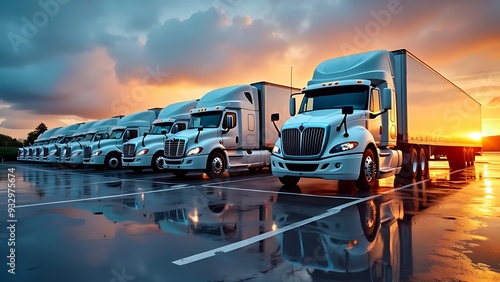 Close up fleet of trucks parked in front of warehouse to delivering factory goods. photo