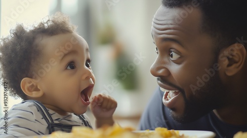 African American black dad, father talking and smiling with little baby kid, infant son or daughter. Parent teaching child to communicate. Family care, love, bonding time at home. Parenthood lifestyle