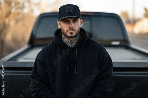 Tattooed Young Man in Black Hoodie and Cap Standing in Front of Pickup Truck