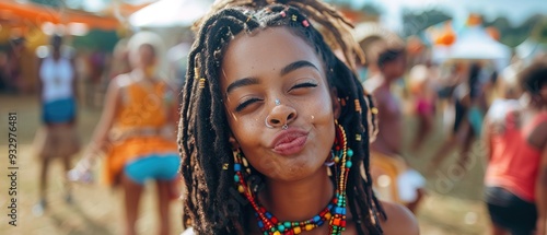 Black girl blows a kiss to camera at a festival