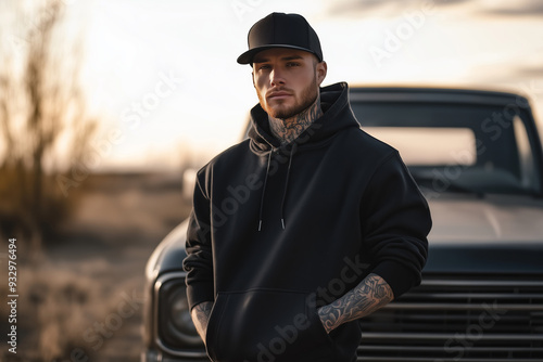 Young Man with Tattoos in Black Hoodie Standing by Vintage Truck at Sunset