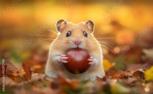 Hamster holding a chestnut among fallen leaves generated by AI

