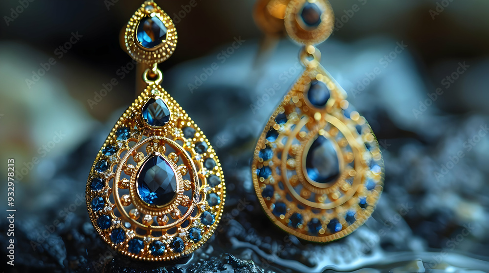 Gold Earrings with Blue Gemstones - Illustration Gold Earrings with Blue Gemstones - Illustration