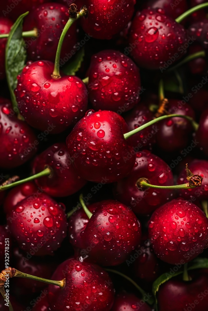 Fresh Red Ripe Cherries with Water Droplets Close-Up. Concept of Freshness and Healthy Eating. Red cherries background. Generative AI Fresh Red Ripe Cherries with Water Droplets Close-Up. Concept of Freshness and Healthy Eating. Red cherries background. Generative AI