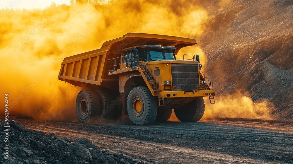 Yellow dump truck transporting material along a dusty road in a mountainous area at dusk Yellow dump truck transporting material along a dusty road in a mountainous area at dusk