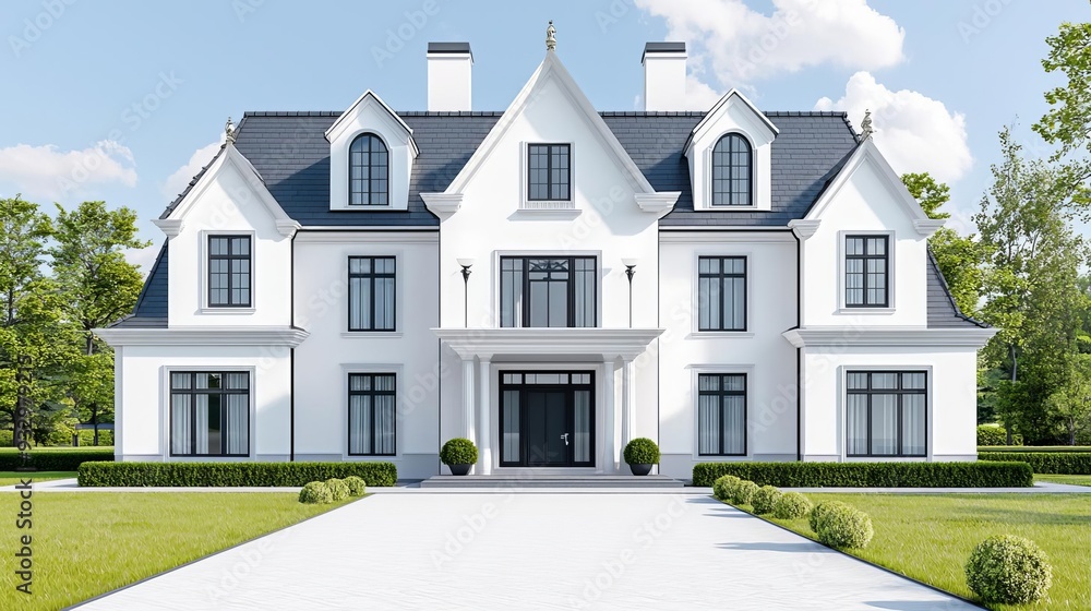 Virtual property search, elegant home exterior, 3D illustration Virtual property search, elegant home exterior, 3D illustration