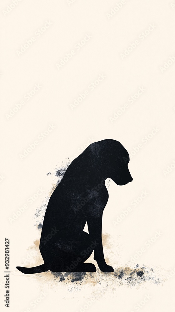 Silhouette of a Loyal Companion: A minimalist black silhouette of a dog sitting against a soft, watercolor background evokes a sense of quiet companionship and unwavering loyalty. 