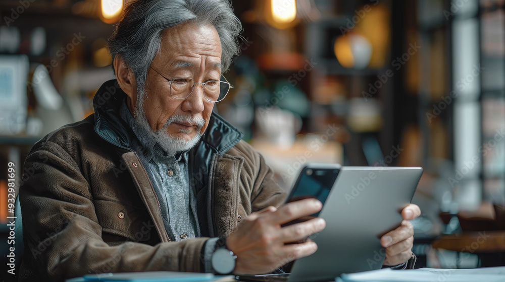 Senior Businessman Using Smartphone and Laptop, A middle-aged Asian businessman working online in his office. Generative AI. Senior Businessman Using Smartphone and Laptop, A middle-aged Asian businessman working online in his office. Generative AI.