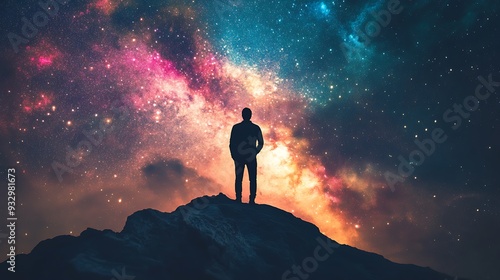 A man standing on a mountain peak, gazing up at the starry night sky, immersed in the grandeur of the universe.