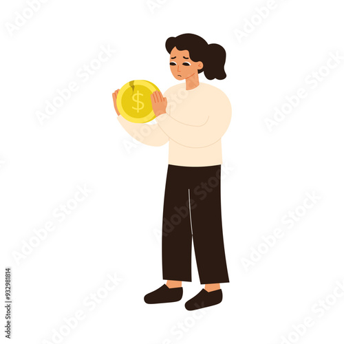 Financial Struggle Character 1 Woman Holding Coins